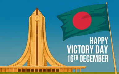 National memorial monument and bangladesh flag celebrate happy victory day december 16th illustration
