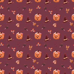 seamless pattern of Halloween. pattern with pumpkin, magic hat, spider, candies, spider web. ready for print for textile, fabric, wrapping paper.  