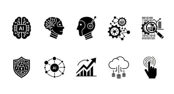 Innovation Icon Set: A comprehensive collection of futuristic icons that capture the essence of AI, machine learning, data analysis, and digital security.