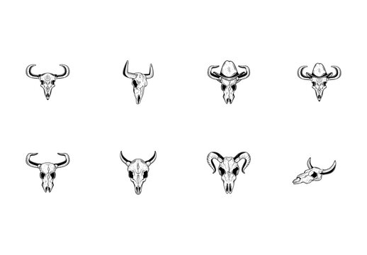 Black And White Bull Skull Horn Animal Illustrations Set