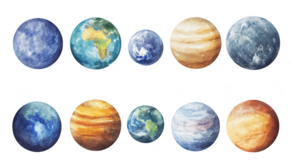 A watercolor illustration depicting various planets in our solar system. Earth. Mars. Jupiter. and others. set against a clean white background. ideal for educational materials