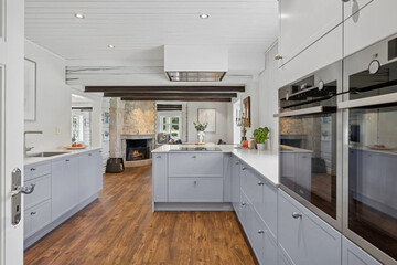 Modern luxury kitchen interior in minimal scandinavian style, 3d render