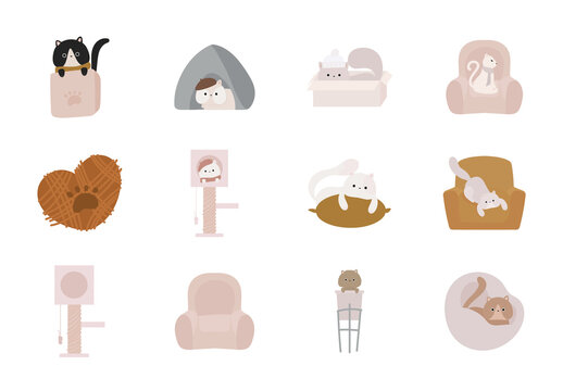 Brown And Beige Cats Pets Animals Cozy Illustrations Set