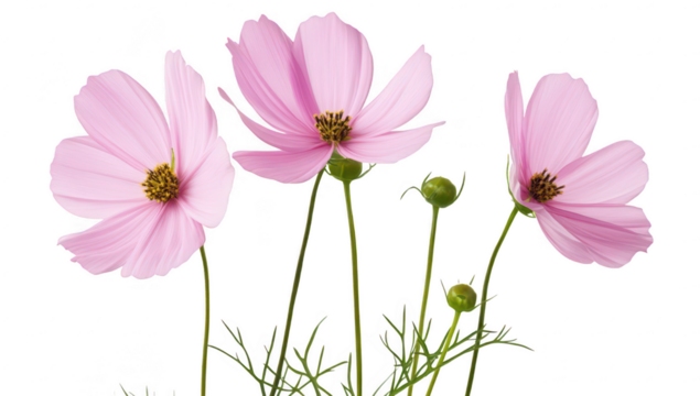 A close-up view of delicate pink cosmos flowers with green stems and buds. set against a clean white background. ideal for floral-themed designs and nature-focused projects