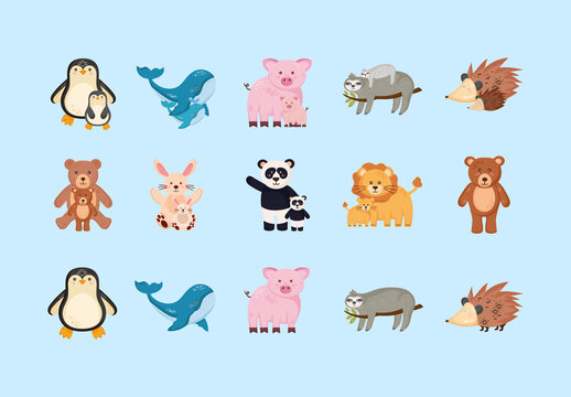 Colorful Animals Wildlife Cute Illustrations Set