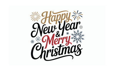 Festive Holiday Greetings: Happy New Year and Merry Christmas Typography with Stars and Snowflakes on White Background for Seasonal Celebrations and Events