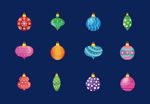 Colorful Christmas Balls Ornament Illustrations Set