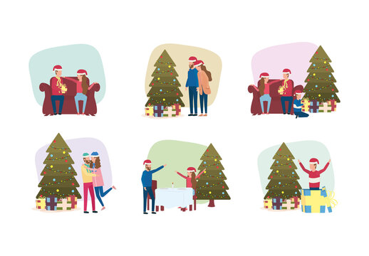 Colorful Christmas Family Celebration Tree Illustrations Set