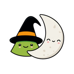 Cute Kawaii Witch and Smiling Moon Illustration Perfect for Children&rsquo;s Decor and Halloween Themes