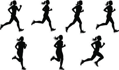Silhouette women running, female jogging exercise, fitness training illustration, healthy lifestyle, outdoor workout, sports activity vector