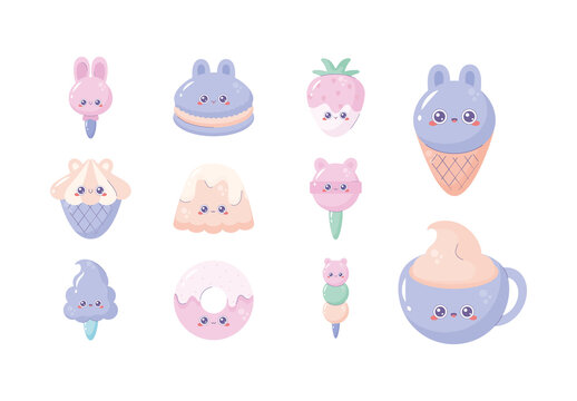 Pink And Purple Kawaii Dessert Candy Illustrations Set
