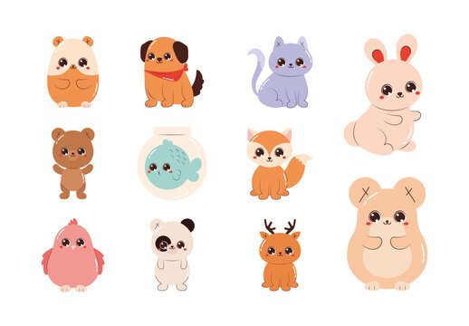Colorful Cute Animal Characters Pets Kawaii Illustrations Set
