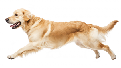 A golden retriever joyfully running across a bright white background. its playful nature and athleticism. ideal for pet-related content or advertisements