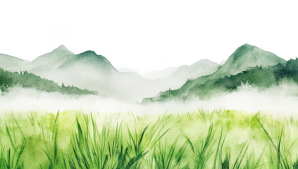 A serene watercolor landscape depicting lush green grass in the foreground with misty mountains in the background. evoking tranquility and natures beauty. suitable for relaxation themes