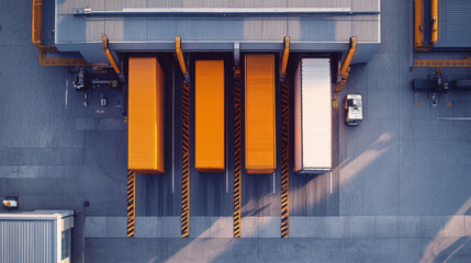 Aerial view of modern cargo loading dock with trucks ready for loading or unloading, featuring bright orange and white trailers, and small vehicle parked nearby, illuminated by sunlight