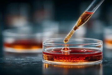 Pipette dropping liquid into red culture medium
