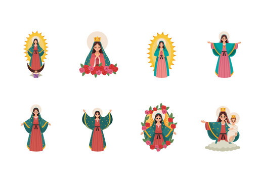 Colorful Guadalupe Virgin Religious Faith Illustrations Set