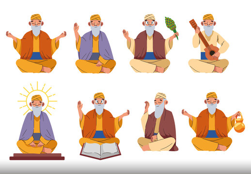Colorful Spiritual Guru Nanak Meditation Religion Illustrations Set