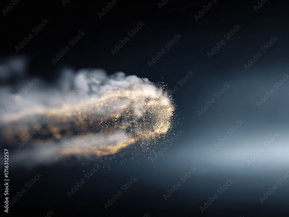 Poster a captivating abstract image of a cloud of smoke and golden particles on a dark background. great fo
