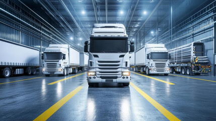 Modern cargo trucks parked inside large warehouse with bright lighting and organized storage, showcasing logistics and transportation efficiency. scene exudes sense of order and readiness