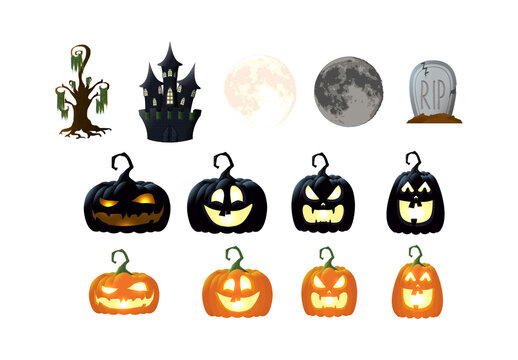 Black And Orange Halloween Pumpkins Haunted House Illustrations Set