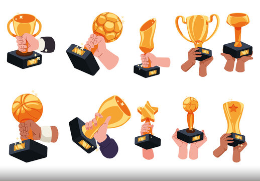 Colorful Hand Holding Trophy Illustrations Set