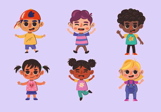 Colorful Happy Kids Characters Illustration Set