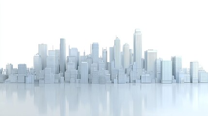 3D rendering of a modern city skyline with reflective surface and minimalist design