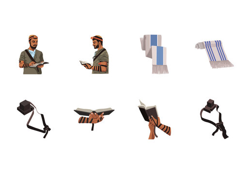 Colorful Jewish Tefillin Torah Prayer Illustrations Set