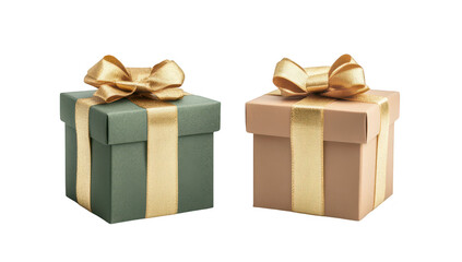 Obraz premium Two elegantly wrapped gift boxes. one in green and the other in peach. adorned with gold ribbons. set against a clean white background. ideal for holiday or celebration-themed promotions