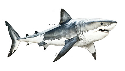Fototapeta premium A detailed watercolor illustration of a great white shark swimming gracefully through the ocean. its powerful body and sharp teeth. with splashes of water in the background