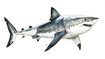 A detailed watercolor illustration of a great white shark swimming gracefully through the ocean. its powerful body and sharp teeth. with splashes of water in the background