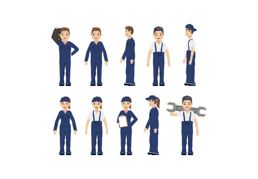 Colorful Mechanic People Workers Illustration Set
