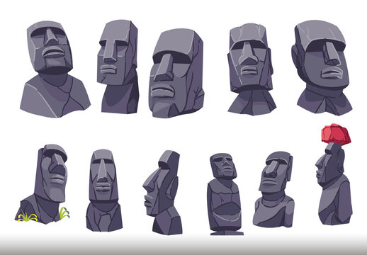 Colorful Moai Statues Rapa Nui Polynesia Illustrations Set