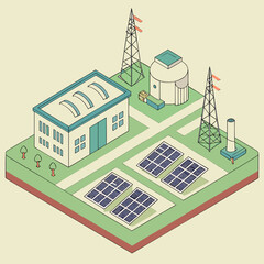 Isometric illustration of a modern industrial facility with solar panels and power transmission towers