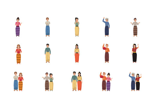 Colorful Myanmar People Culture Illustration Set Preview