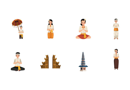Colorful Nyepi Balinese Culture Meditation Illustrations Set
