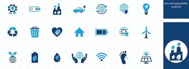 Eco and sustainability ICON SET . recycled, goal, zero waste, sustainable development, green, energy consumption, solar, save water, eco-friendly, wind power