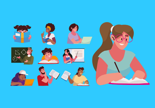 Colorful Education People Reading Learning Illustrations Set