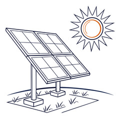 Simple line drawing of a solar panel array underneath a stylized sun on a white background