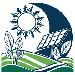Stylized sun and solar panel on rolling green hills with growing plants symbolizing renewable energy and nature