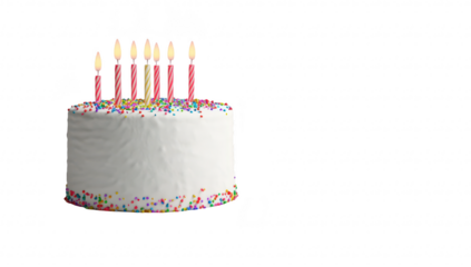 A beautifully decorated white birthday cake with colorful sprinkles and six lit candles. set against a simple gray background. perfect for celebrating special occasions and events