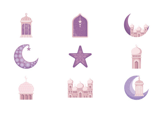 Purple And Pink Ramadan Islam Celebration Illustrations Set
