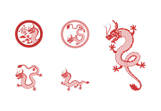 Red Chinese Dragon Traditional Illustration Set