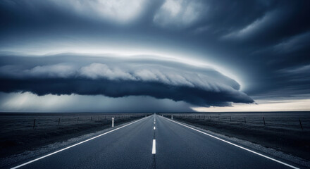 A long, straight road stretching into the distance with a large, dark cloud looming overhead.