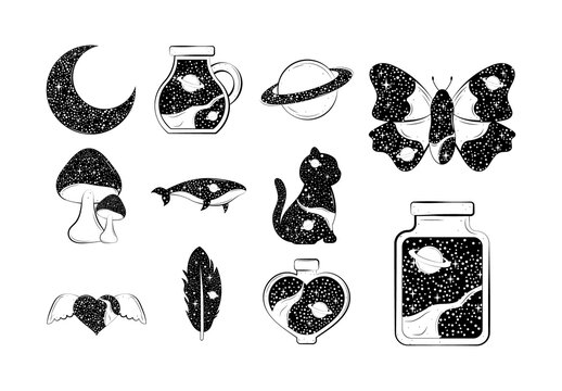 White And Black Surreal Astrology Magic Illustrations Set