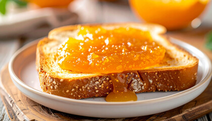 Toast bread with orange jam, tasty and sweet food for lunch. Delicious food.