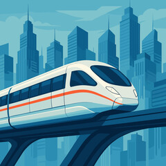 Modern monorail train in urban environment with skyscrapers in sleek design