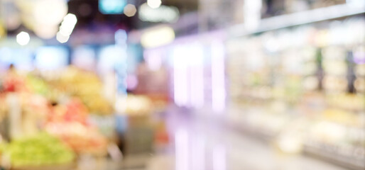 Blurred grocery store supermarket background with bokeh light, Blur fresh food at product shelves in market backdrop, business banner, wallpaper