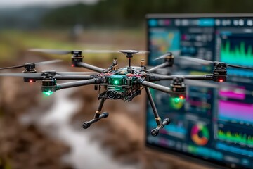 Drone flying outdoors with data screen
